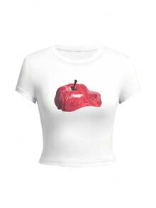 女士短袖T恤，美式风格，苹果印花，时尚休闲露脐上衣 - 白色 - 查看 3