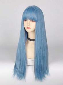 One Piece Daily Style 26 Inch Fashionable Blue Long Straight Synthetic Wig With Bangs High Temperature Resistant Women's Daily Party Cosplay Wig School Wig - Màu xanh lam - Xem 6
