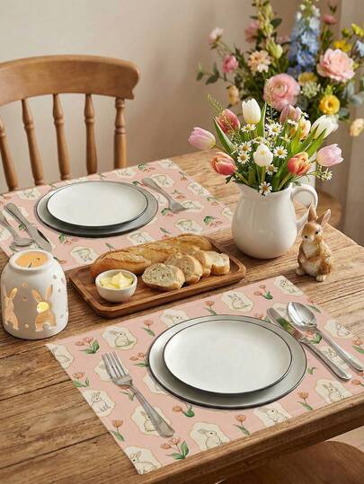 4件套复活节水彩彩蛋兔子花卉餐垫，卡通蝴蝶结花鸟十字亚麻春夏农舍风耐热餐垫，适用于露台圆桌、复活节寻宝游戏、节日派对、厨房、家庭餐桌、茶话会、餐桌