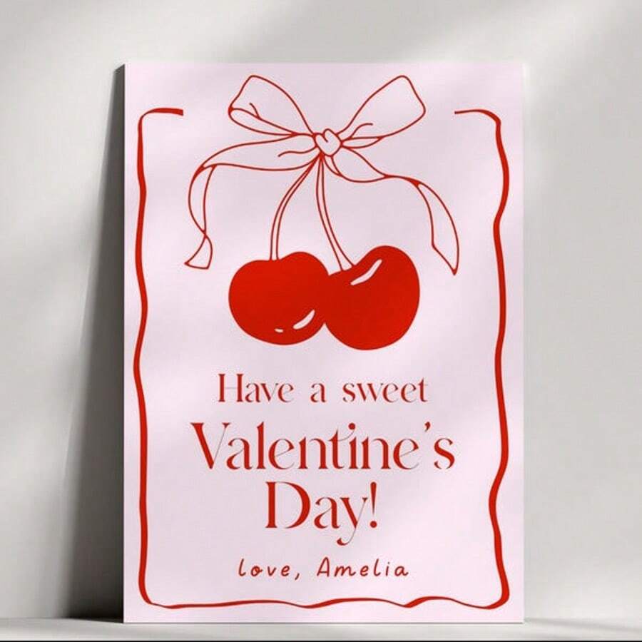 Cherry Valentine - Coquette Bow Valentine Card, Editable Template - Preppy Aesthetic School Valentine Card - Printable Valentine For Girls - A - View 1