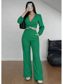 Beautiful Summer Fashion Palazzo With Solid Color, Side Cuts And Texture - Green - View 3