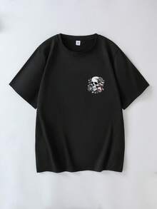 Große Größen Totenkopf- und Buchstaben-Muster Lässig Rundhals Kurzarm T-Shirt, Sommer Schwarz - Schwarz - Übersicht 2