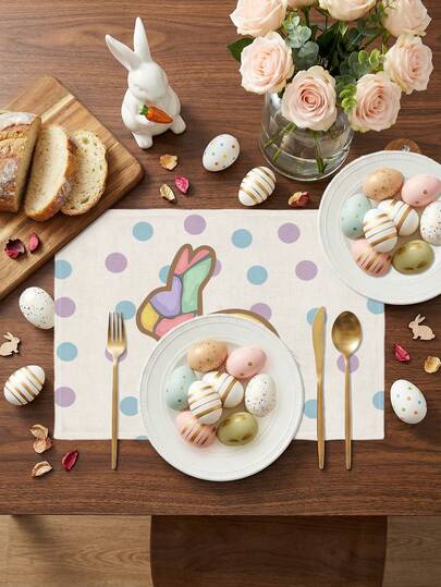 4 Stücke Ostern Aquarell Ei Hase Blumen Tischsets, Cartoon Schleife Kreuz Leinen Frühling/Sommer Landhausstil hitzebeständige Tischsets für runde Terrassentische Ostern Schatzsuche Feierlichkeiten Küche Esszimmertische Teeparty Tische