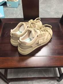 New Women Thick Sole Sneakers Skateboard Shoes, Casual Flat Slip-On Minimalist Fashion Versatile White Sneakers, Spring/Autumn - Khaki - View 10