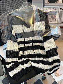 女士条纹镂空针织套头毛衣，系带设计，休闲宽松长袖轻薄防晒上衣，时尚百搭，夏季必备 - 黑色 - 查看 4