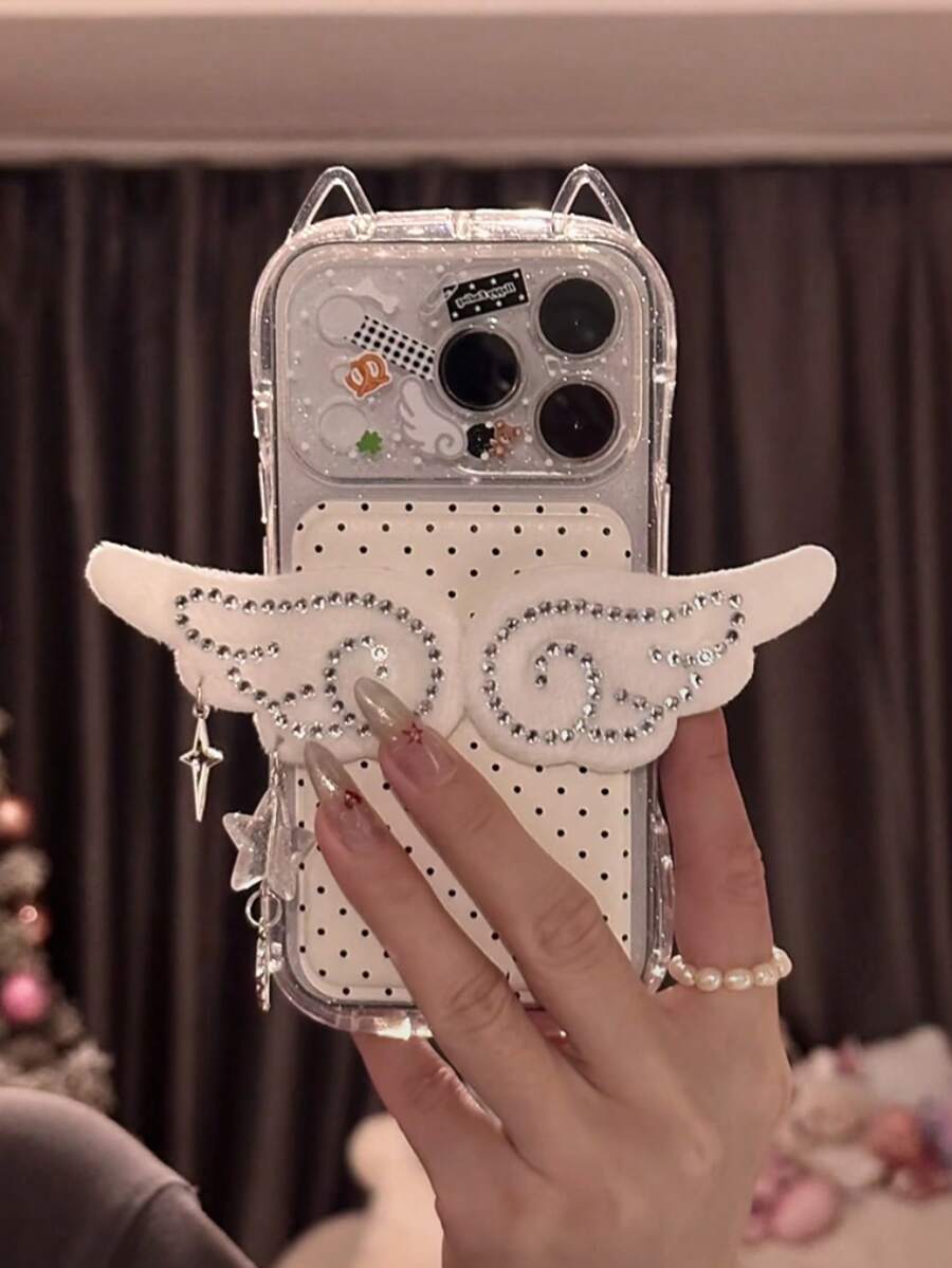 Stereoscopic Cat Ear, Polka Dot, Rhinestone Wing Design 17/16/Pro Max Phone Case, Niche Cute New Style Compatible With IPhone 15 Pro, 14 Pro, 13, Girly Fresh - Black and White - View 1