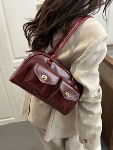 1 chiếc túi xách nữ kiểu dáng tối giản retro với khóa kéo trang trí và hai quai xách, thích hợp sử dụng hàng ngày hoặc đi làm. - Màu Đỏ Sâu - Xem 3