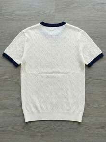 Camiseta de cuello redondo de manga corta con textura y ribete de contraste, top casual para hombres - Blanco - Ver 5