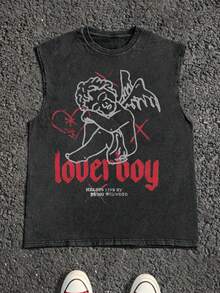 Men's Casual Crew Neck Sleeveless Washed Vest, Made Of 100% Cotton, Perfect For Summer Vacations.  Features A Stylish Print And Y2K Street Style. - 黑色 - 查看 1