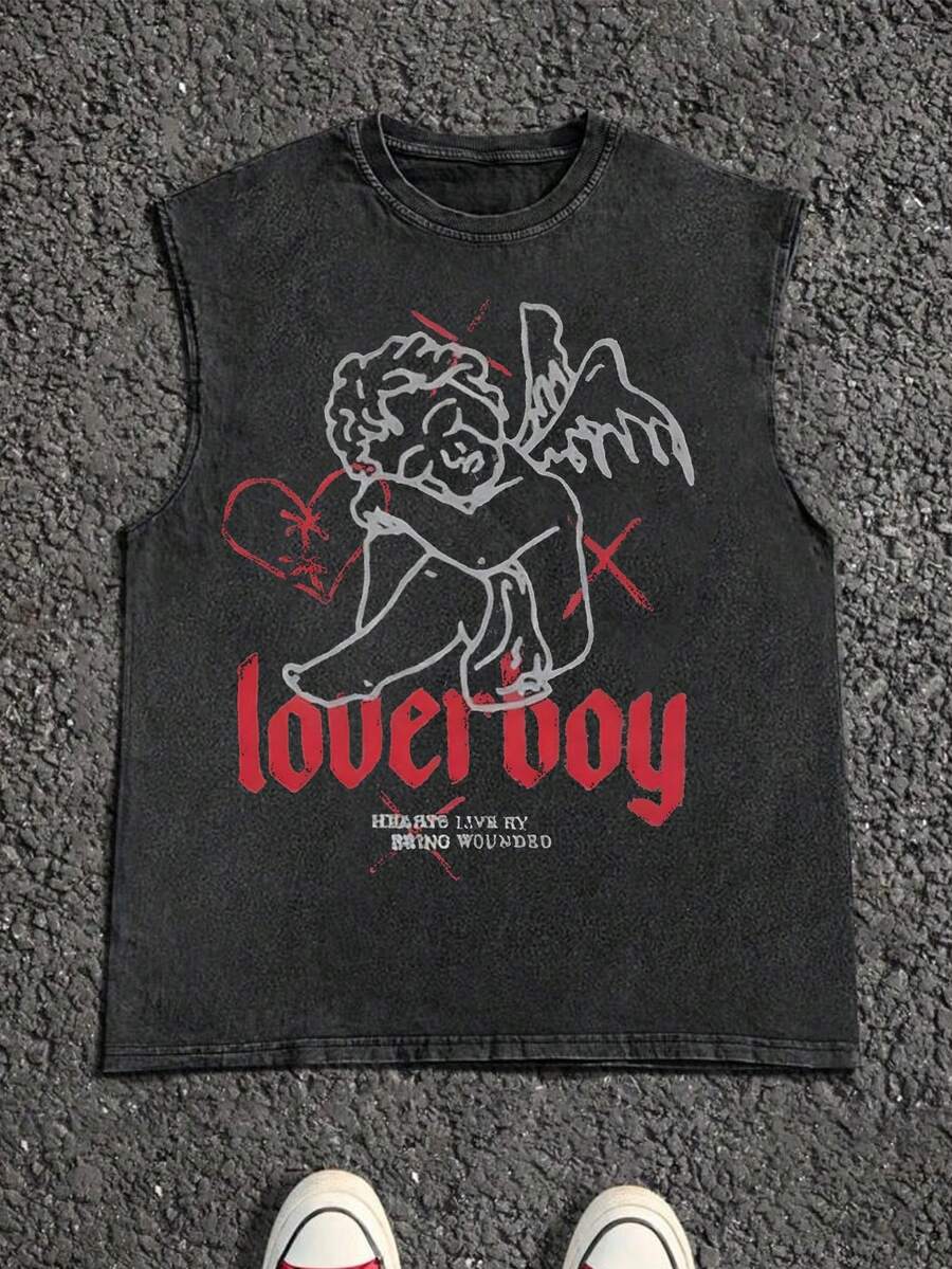 Men's Casual Crew Neck Sleeveless Washed Vest, Made Of 100% Cotton, Perfect For Summer Vacations. Features A Stylish Print And Y2K Street Style. - 黑色 - 查看 1