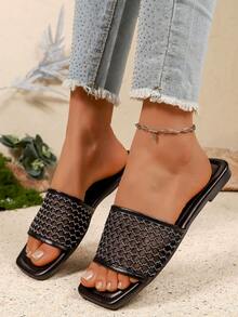 女士方头平底透气网面白色波浪缝线时尚拖鞋 - 黑色 - 查看 4