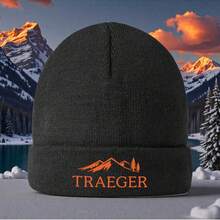 1 Traeger Traeger Smoker Grill Wood Pellet Grill Essential Warm Knitted Hat, Acrylic Hip-Hop Hat, Black With Orange And White Logo, Mountain Design, Dome Style, Brimless, Medium Elasticity, Machine Washable, Adult Casual Outdoor Winter Wear - màu đen - Xem 9