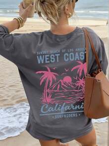 Summer Tops Mother's DayWomen's New Summer Casual Round Neck Short Sleeve T-Shirt, Simple Versatile Palm Tree Slogan Print, Suitable For Daily Wear. Graphic Tee, Women's T-Shirt Top Vacation.Loose And Comfortablesummer Clothes Easter - 深灰色 2 - 查看 8
