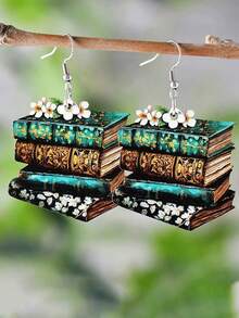 Bông tai dáng dài thiết kế hình sách 2D cổ điển đầy màu sắc, trang trí hoa, phong cách retro học đường, thích hợp cho mùa tựu trường. - sách - Xem 1