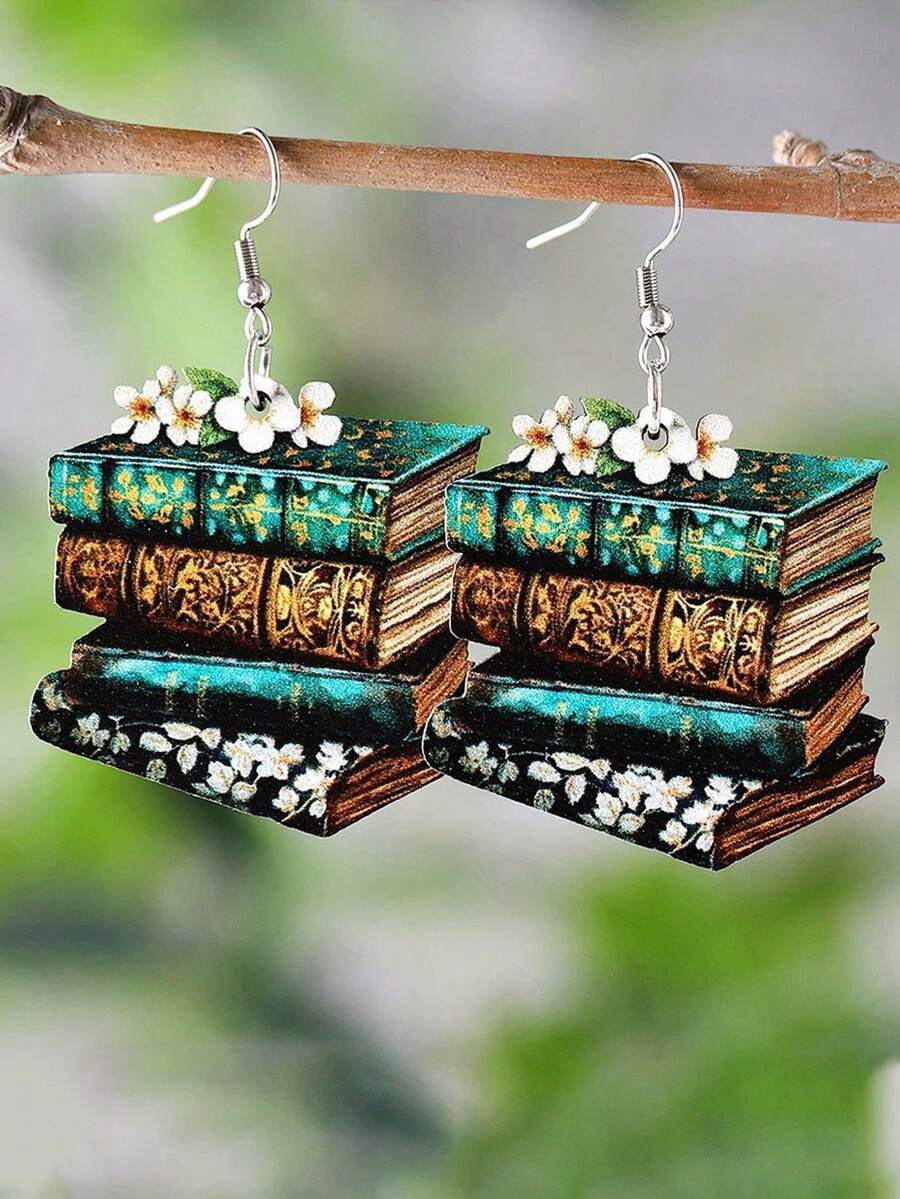 Bông tai dáng dài thiết kế hình sách 2D cổ điển đầy màu sắc, trang trí hoa, phong cách retro học đường, thích hợp cho mùa tựu trường. - sách - Xem 1