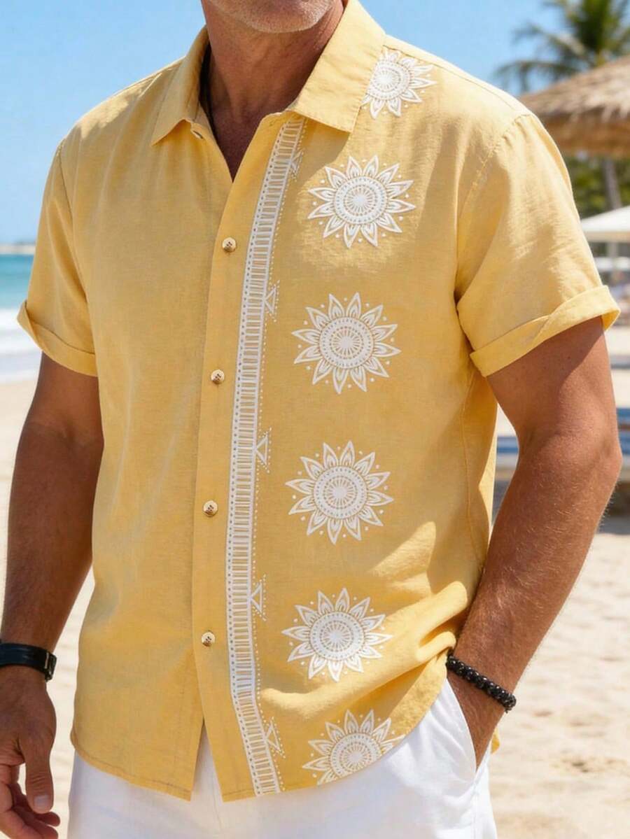 GOLDREDY 男士夏季休闲印花 Polo 衫，透气柔软面料，适合日常通勤和户外旅行 - 黃色 - 查看 1
