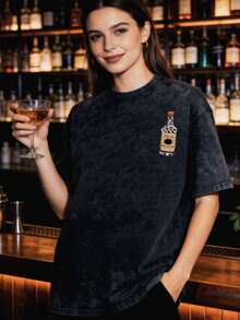 Women's Washed T-Shirt, Retro Style, Tito's Vodka Lovers, Leopard Print Elements, Printed With Humorous Text "SHOW ME YOU TITOS", Casual Streetwear, Daily Casual Wear,  Street Style - Black - View 1