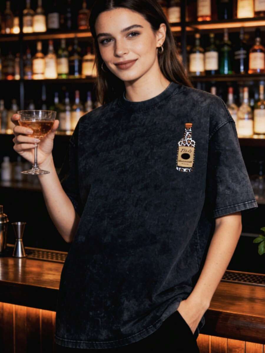 Women's Washed T-Shirt, Retro Style, Tito's Vodka Lovers, Leopard Print Elements, Printed With Humorous Text "SHOW ME YOU TITOS", Casual Streetwear, Daily Casual Wear, Street Style - Black - View 1