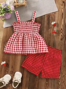 Bộ đồ 2 món cho bé gái gồm áo hai dây kẻ caro và quần short chấm bi, điểm nhấn là nơ, trang phục mùa hè sành điệu và đáng yêu cho bé gái sơ sinh/trẻ nhỏ. - Đỏ - Xem 3