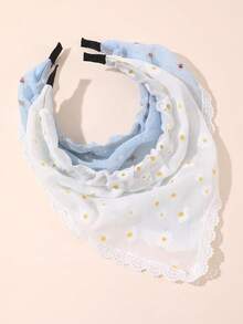 2pcs Women's Hair Accessories, Bohemian Style Minimalist Elegant Rose & Daisy Print, Lace Trim Triangle Scarf, Printed Headband, Suitable For Daily, Spring, Vacation Outfit Hairband - 彩色 - 查看 3