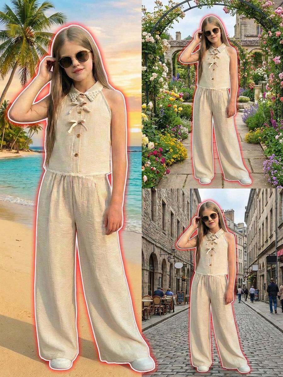 2 peças Conjunto: Top Camisole com Pregas Nas Costas e Decoração de Laço 3D, Combinado com Parte Inferior Correspondente. Decote Bordado Adiciona Toque Elegante. Tecido Leve, Design de Contraste de Cor Sólida para Visual Confortável e da Moda. Adequado para Escola, Atividades Diárias, Passeios Casuais, Mostrando Vitalidade e Elegância Jovens, Apropriado para Várias Ocasiões do Dia a Dia. - Damasco - Visão 1