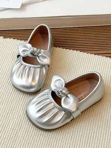 1双幼儿女童浅口皮革蝴蝶结公主鞋，防水防滑婴儿爬行鞋，软底复古玛丽珍鞋，透气休闲一脚蹬鞋，适合春、夏、秋季穿着 - 銀色 - 查看 6