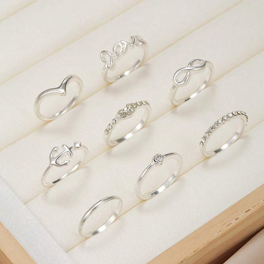 8 chiếc/Bộ Nhẫn thiết kế hình trái tim và mỏ neo Valentine, Mẹ, Mẹ, Ngày của Mẹ, Quà tặng - Bạc - Xem 1