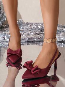 2026 Spring/Summer New European & American Fashion Burgundy High Heel Pumps, Women's Satin Pointed Toe Bowknot Stiletto Heel Backless Ankle Strap Elegant Formal Party Heels - Burgundy - View 5