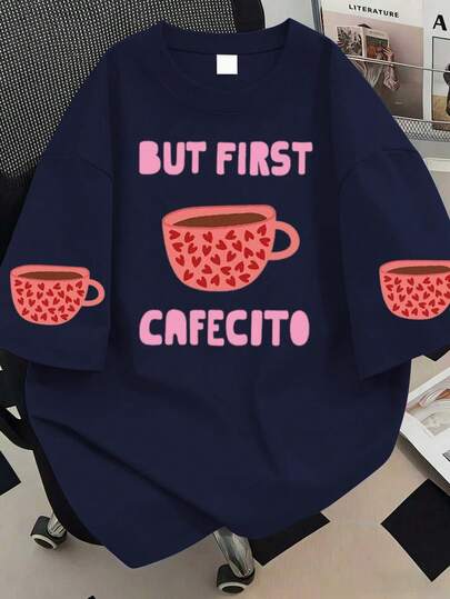 Plus Size Women Loose Casual Coffee Cup Heart Pattern Round Neck T-Shirt, Suitable For Summer Vacation, Daily Wear, Beach, Holiday, Spring, Valentine's Day, Mother's Day Gift, Casual Summer/Spring Top