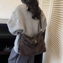 Women's Vintage Brown Faux Leather Hobo Bag, Large Capacity Soft PU Shoulder Purse With Buckle Detail & Contrast Stitching, Convertible Crossbody Bag For Work, Office & Fall/Winter Everyday Casual Use - Cà phê - Xem 2