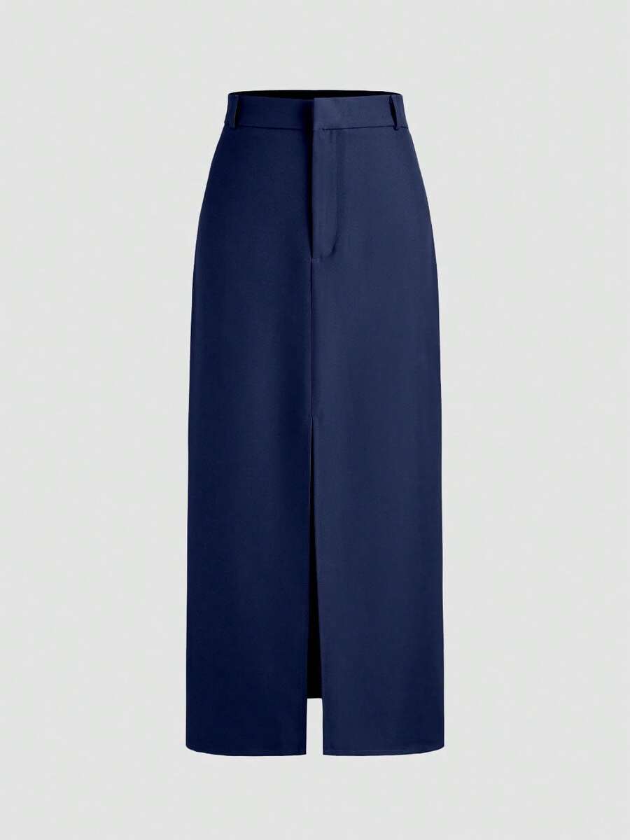 Vela Rue Elegant Commuter Solid Color Slit Skirt Spring - Navy Blue - View 1