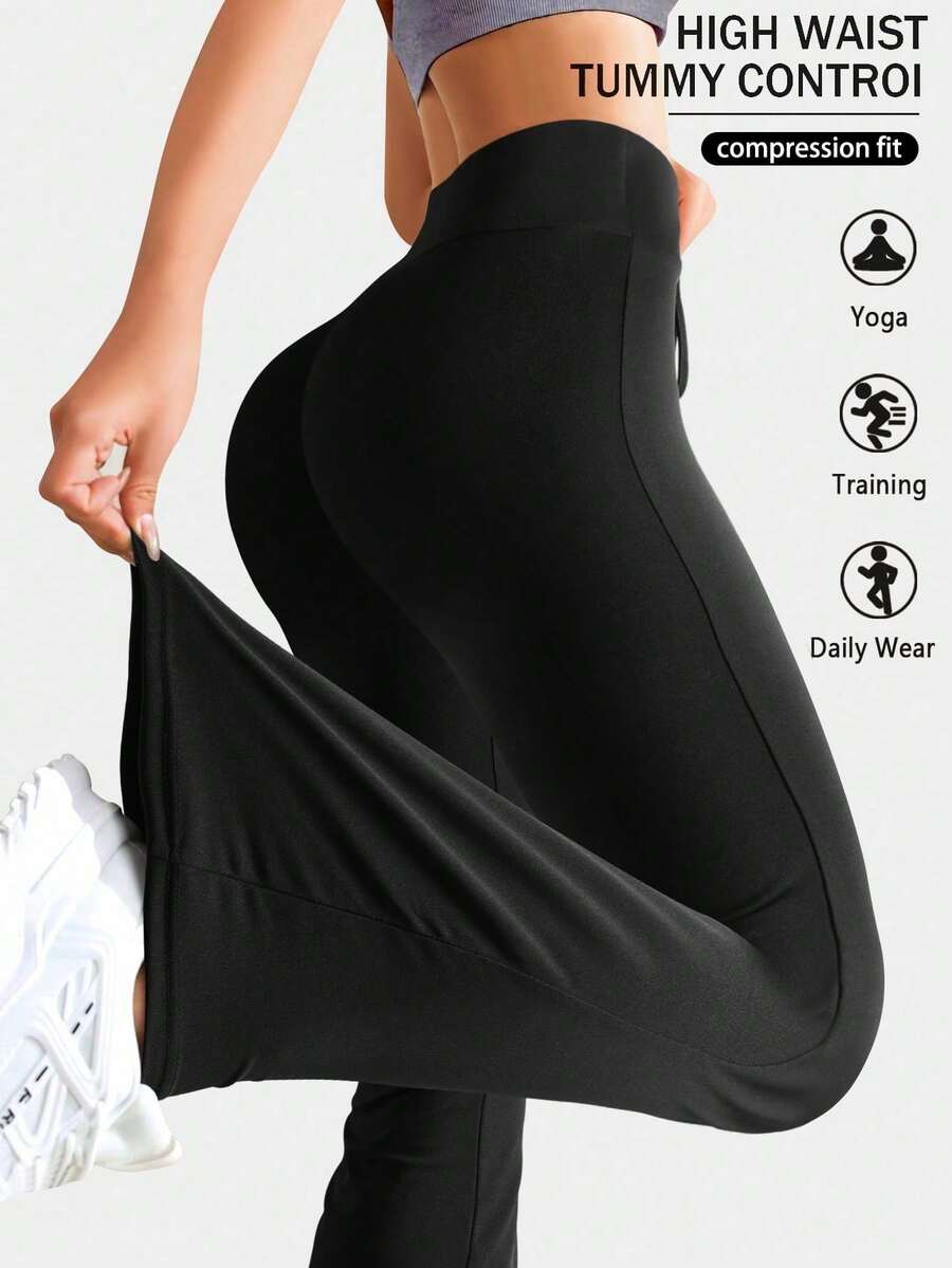 High Waisted Flared Leggings For Women Butt Lifting Flared Leggings Slim Wide Leg Seamless Yoga Pants - Black - View 1