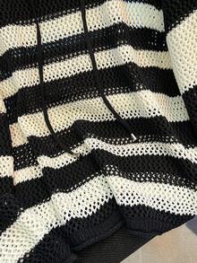 女士条纹镂空针织套头毛衣，系带设计，休闲宽松长袖轻薄防晒上衣，时尚百搭，夏季必备 - 黑色 - 查看 8