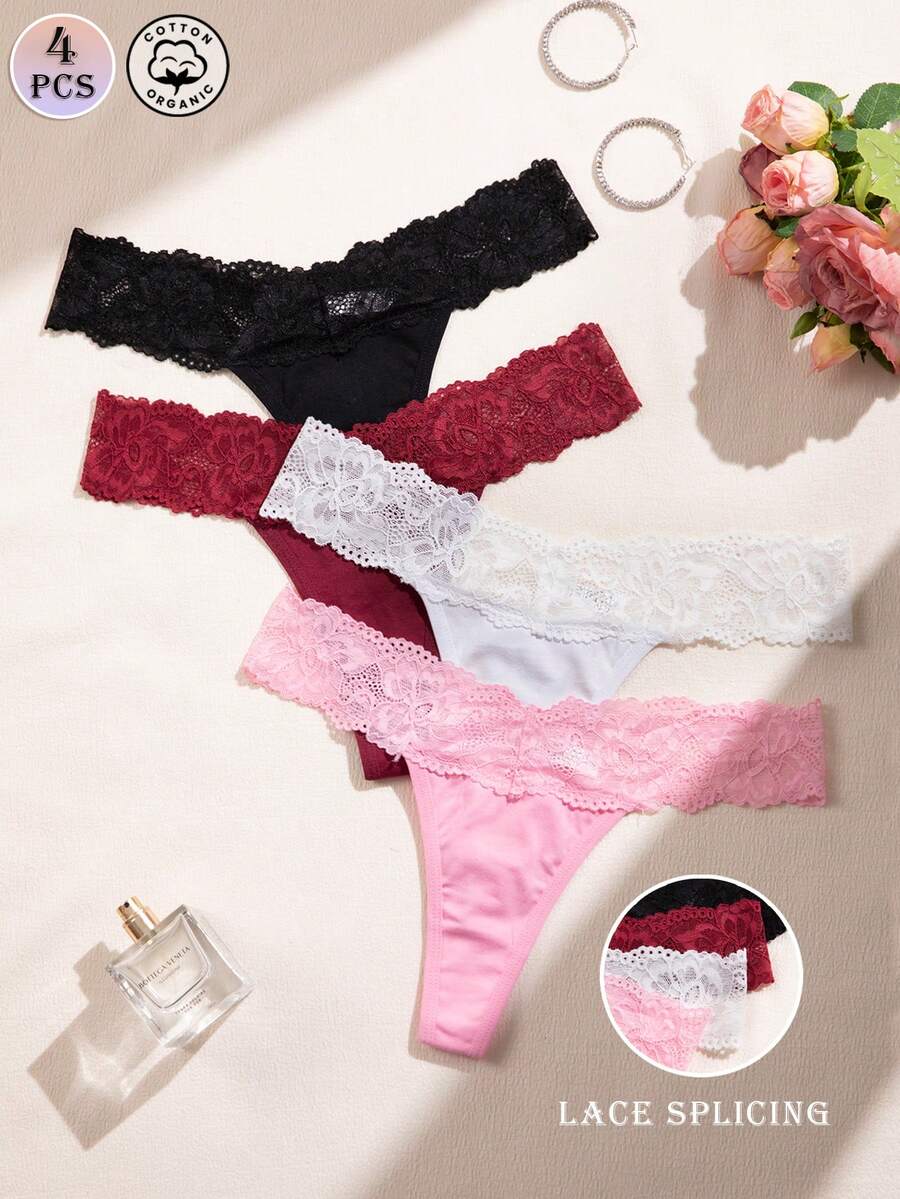 4pcs Lace Patchwork Women's Cotton Low-Rise Thong Panties - Multicolor - View 1