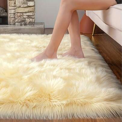 1pc Yellow Faux Wool Carpet Mat, Suitable For Placing Next To Bedroom Sofa, Fluffy And Plush, Applicable For Living Room And Bedroom, Modern Home Decor, Indoor Use, Shaggy Rug, Luxurious Art Floor Mat, Decorative Carpet, Bedroom Decor, Small Rug, Carpet, Home Decor, Living Room Small Rug, Bedroom Rug, Living Room Home Decor, Washable Carpet, Thickened Carpet, Furry Carpet