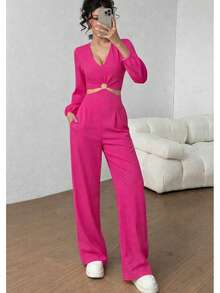 Beautiful Summer Fashion Palazzo With Solid Color, Side Cuts And Texture - 玫紅色 - 查看 2