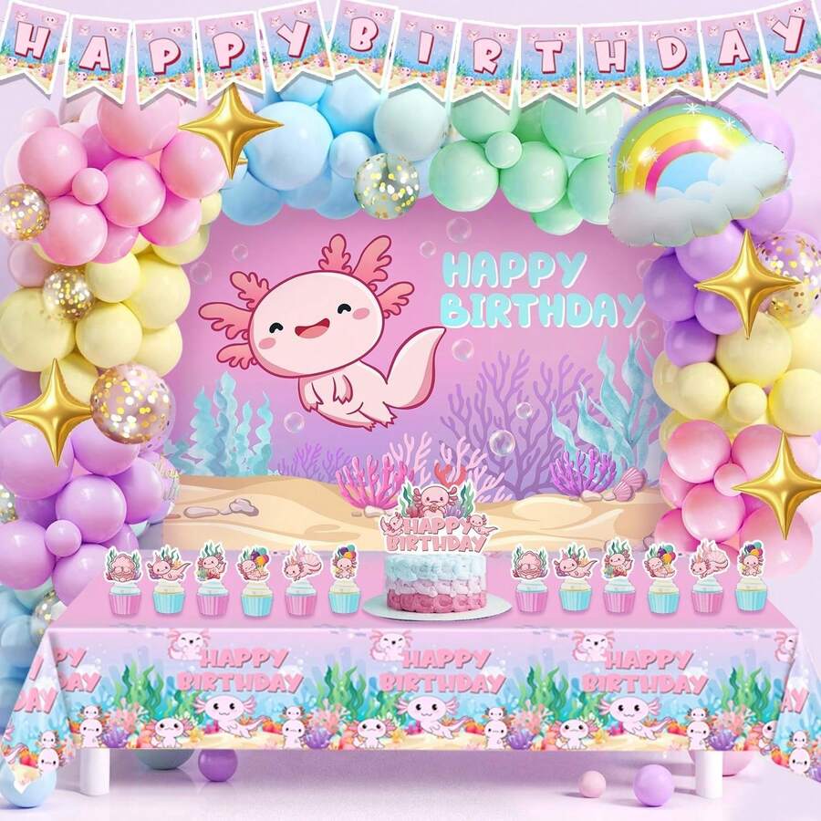 118件套墨西哥蝾螈主题气球拱门套装，包含彩虹云朵和星星铝箔气球，以及粉色、紫色、蓝色和黄色乳胶气球。适用于生日派对、迎婴派对、周岁生日庆祝以及彩虹/墨西哥蝾螈主题派对。 - 彩色 - 查看 1