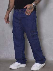 Calça Masculina Cargo Jeans Perna Larga Preta Marmorizada sem Elastano - Azul Escuro - Visão 4