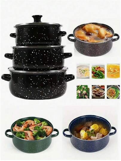 Juego de 3 piezas de utensilios de cocina esmaltados de 16-20 cm de borde grueso: Bol de gachas de doble asa, olla de sopa, cacerola, olla pequeña, sartén, cacerola, cacerola, olla de mariscos, olla de fideos instantáneos, mini olla. Para cocinar gachas, leche, sopa, fideos, adecuado para bebés, adultos y niños, superficie de esmalte antiadherente. Juego de ollas pequeñas esmaltadas, utensilios de almacenamiento de alimentos para cocina y mesa, utensilios de cocina para camping al aire libre, compatibles con estufas eléctricas y de gas, no aptos para microondas, juego de regalo, tamaños: 6.5"/7.1"/7.9"