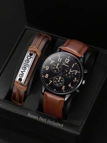 Men's Casual Fashion Round Quartz Watch Set, Suitable For Daily Wear, Also An Ideal Birthday Gift Or Friend Gift, Does Not Include Gift Box - Brown - View 8