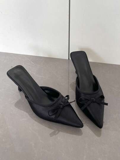 2026 Spring New Elegant French Style Black Bow Pointed Toe Thin Heel Mule Slip-On Sandals, Versatile High Heels For Commuting, Dating, Daily Wear