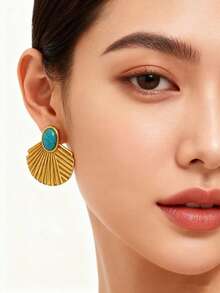 1对/4对创意时尚个性化不锈钢绿松石耳环套装，女士奢华复古高端几何不锈钢18K镀金耳环，适合女士日常及节日佩戴 - 金色 - 查看 4