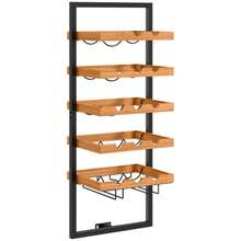 Wall-Mounted Wine Rack With 5 Shelves, Stackable Bottle Holder, Holds 15 Bottles And 4 Glasses, Made Of Pine And Steel, For Kitchen, Dining Room Or Bar, Brown - Black - View 1