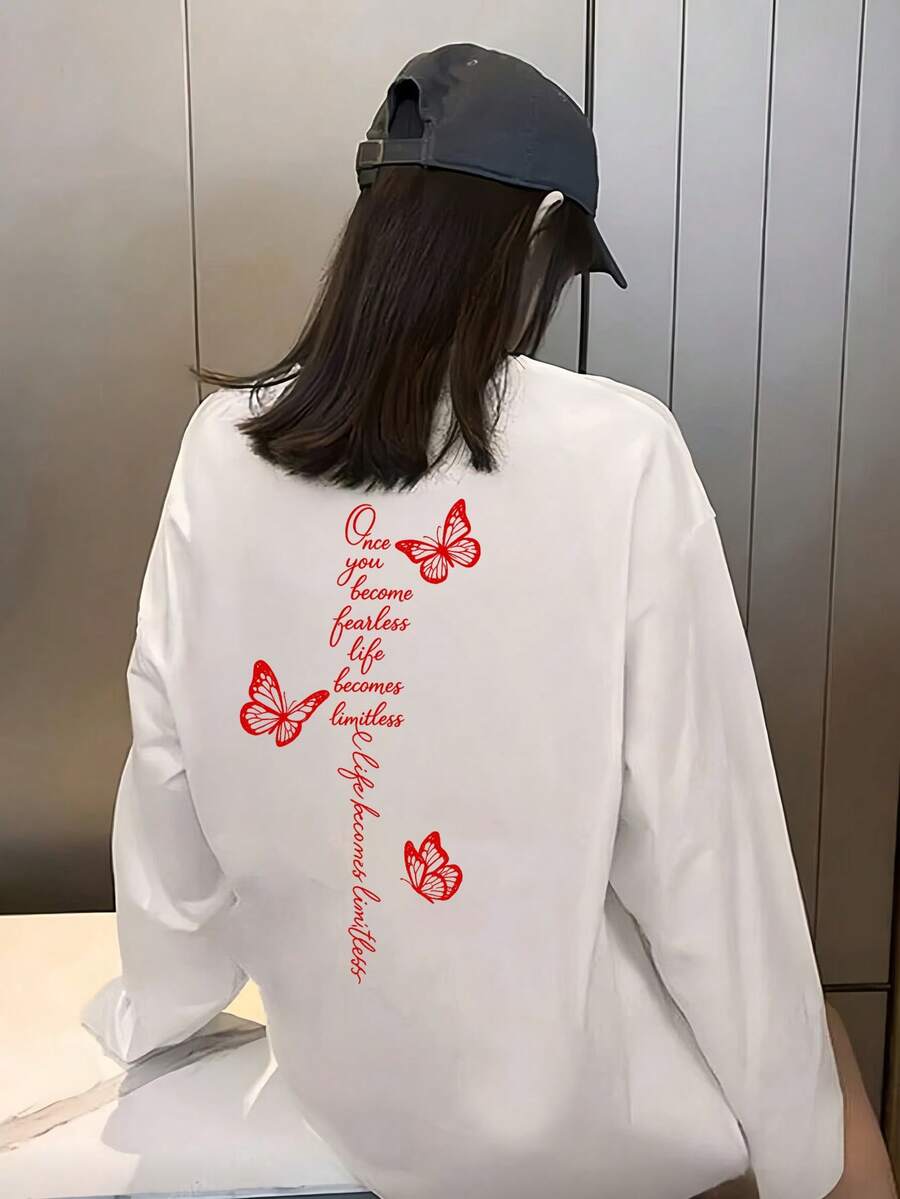 Y2k, 200g 100% Cotton T-Shirt, 2026 Women's Spring/Autumn Cartoon Print Long Sleeve Fun T-Shirt, Couple Style, Innerwear/Outerwear, Office Casual Round Neck Pullover Top - White [Best/Funny T-shirt] - View 1