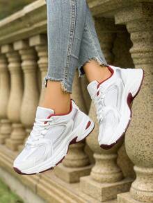 American Retro Contrast Color Running Shoes, Mesh Breathable, Thick Bottom Cushioning, Campus, Street, Daily Wear Template, Running Shoes To Grasp The Relaxation Feeling, 5cm High Casual Shoes - Đỏ - Xem 3