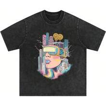 Laixton Men's Pattern T-Shirt Unisex Cotton Oversized T-Shirt Short Sleeve Retro Streetwear Casual T-Shirt Top Comfortable Washed Cotton T-Shirt - 酷都市黑 - 查看 6