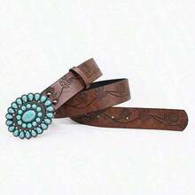 3.8cm Wide Bohemian Oval Turquoise Belt, Vintage Embossed Brown PU Leather Belt, Classic Western Style Belt Women & Girls, Carved Sapphire Belt, Dress, Jeans, Shirt Accessory, Holiday Summer, School Fall, Autumn, Halloween WYTB 3LZE - Dark Brown - View 9