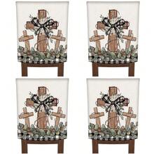 2/4/6PCS Religious Easter Chair Covers With Eucalyptus Leaves And Buffalo Check Bows, Removable And Washable, For Kitchen, Living Room, And Church Easter Celebrations - Beige - View 1