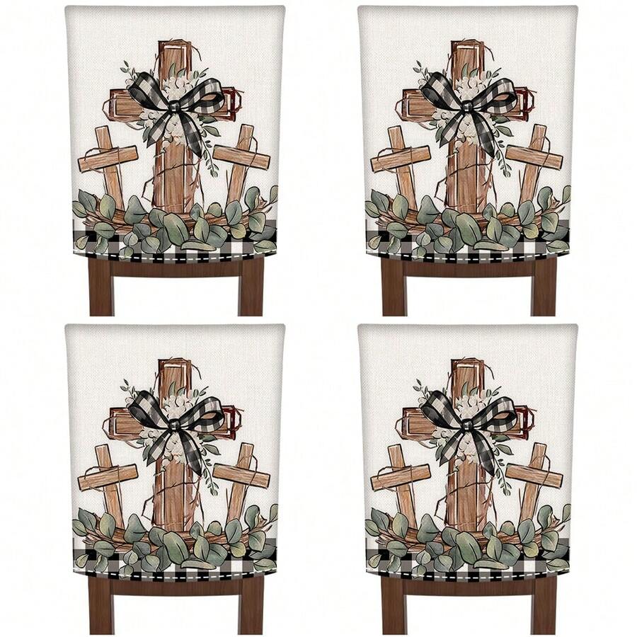 2/4/6PCS Religious Easter Chair Covers With Eucalyptus Leaves And Buffalo Check Bows, Removable And Washable, For Kitchen, Living Room, And Church Easter Celebrations - Beige - View 1