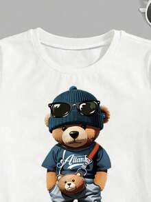 青少年男童休闲时尚街头日常通勤卡通泰迪熊印花短袖T恤和抽绳束腰慢跑裤套装，春夏秋季 - 白色 - 查看 3
